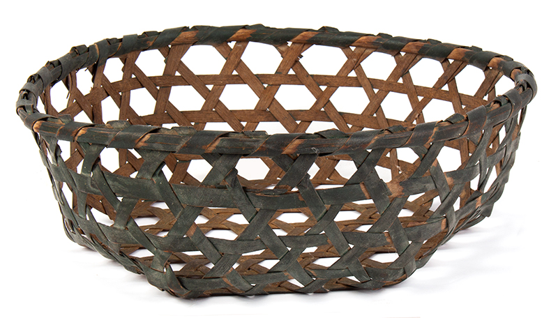 Basket, Shallow Hexagonally Woven Cheese Basket, Original Windsor Green Paint New England, entire view 2