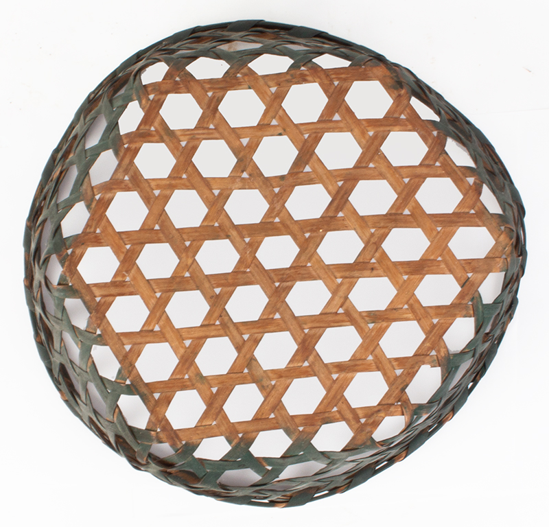 Basket, Shallow Hexagonally Woven Cheese Basket, Original Windsor Green Paint New England, entire view 3