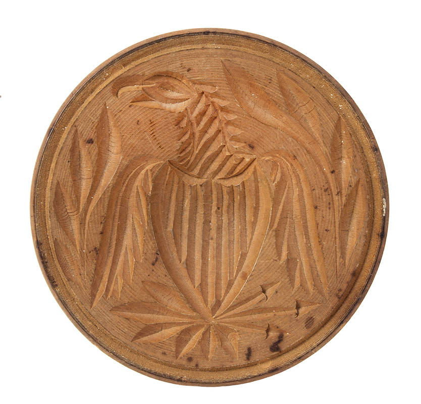 Butter Print, War Eagle, Shield, Round, Lathe Turned, Integral Handle, Image 1
