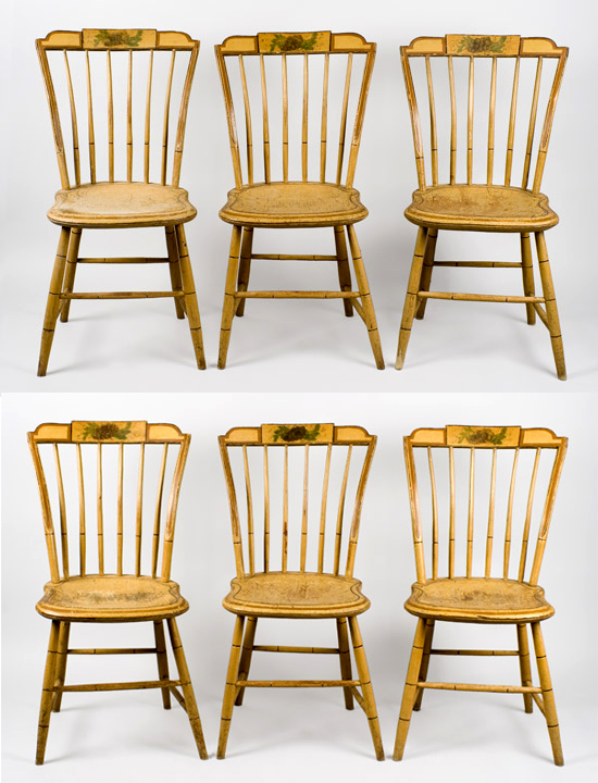 19th Century, Matched Set, Windsor Dining Chairs, Painted
New England, circa 1810-1820
Shaped Tablets…stepped-down ends, group view