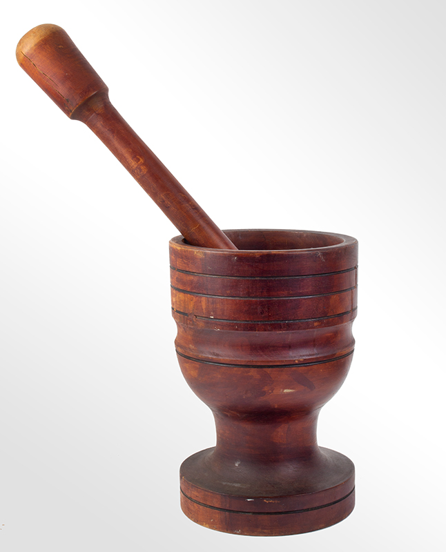 Large Lathe Turned Mortar & Pestle, Red Stain, SCULPTURAL Likely New England, entire view 2