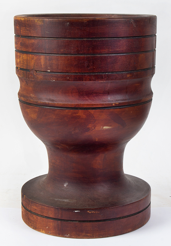 Large Lathe Turned Mortar & Pestle, Red Stain, SCULPTURAL Likely New England, entire view 3
