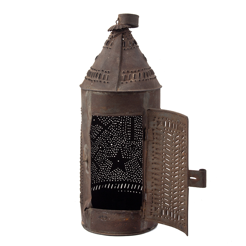 Punched Tin Candle Lantern, Cylindrical, Cone Top, Slit & Pierced Decoration, Image 1