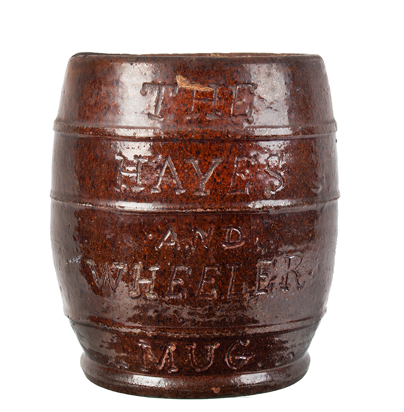 Redware Barrel Shape Tankard, Political Campaign, Hayes, and Wheeler Mug, Image 1