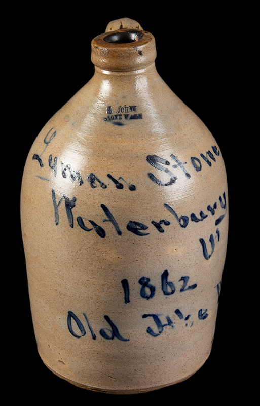 Historic Abraham Lincoln Presidential Campaign Stoneware, 1862, Old Abe Prest Cobalt decoration reads: Lyman Stone – Waterbury VT – 1862 – Old Abe Prest One of only three extant pieces of stoneware referencing Lincoln, entire view