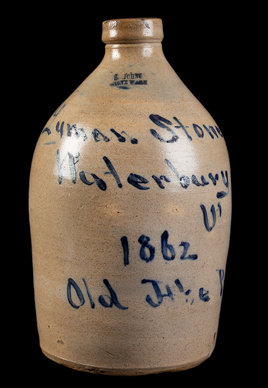 Historic Abraham Lincoln Presidential Campaign Stoneware, 1862, Old Abe Prest Cobalt decoration reads: Lyman Stone – Waterbury VT – 1862 – Old Abe Prest One of only three extant pieces of stoneware referencing Lincoln, entire view 2