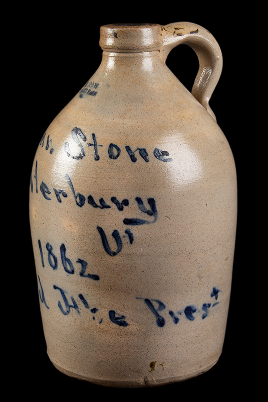 Historic Abraham Lincoln Presidential Campaign Stoneware, 1862, Old Abe Prest Cobalt decoration reads: Lyman Stone – Waterbury VT – 1862 – Old Abe Prest One of only three extant pieces of stoneware referencing Lincoln, entire view 3
