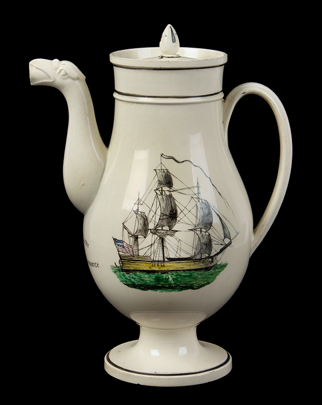 Creamware, Coffee Pot, Hand Painted Transfers, SUCCESS TO OUR TRADE, and COMMERCE