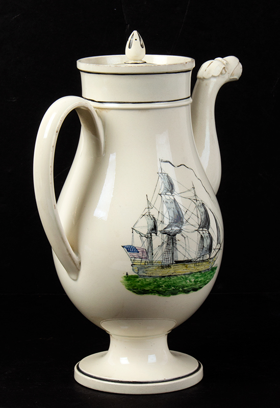 Creamware, Coffee Pot, Hand Painted Transfers, SUCCESS TO OUR TRADE, and COMMERCE