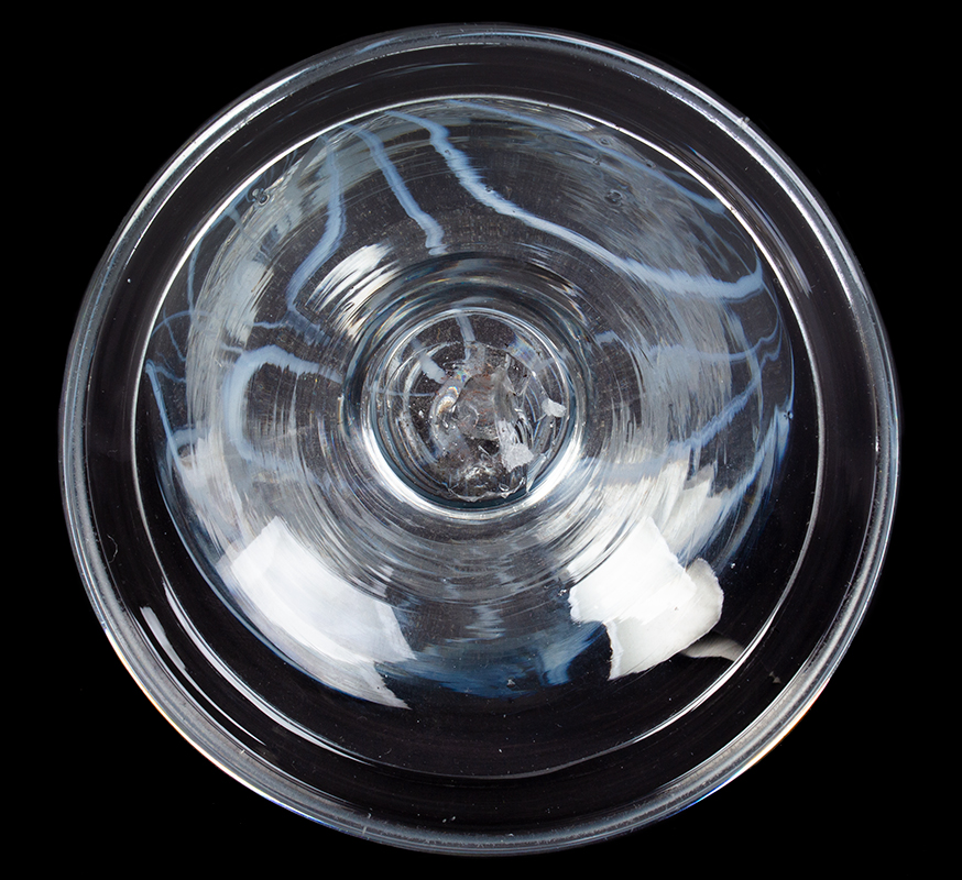 Free Blown Colorless Glass Vase, White Marbrie Decoration, Threading Pittsburgh, bottom view