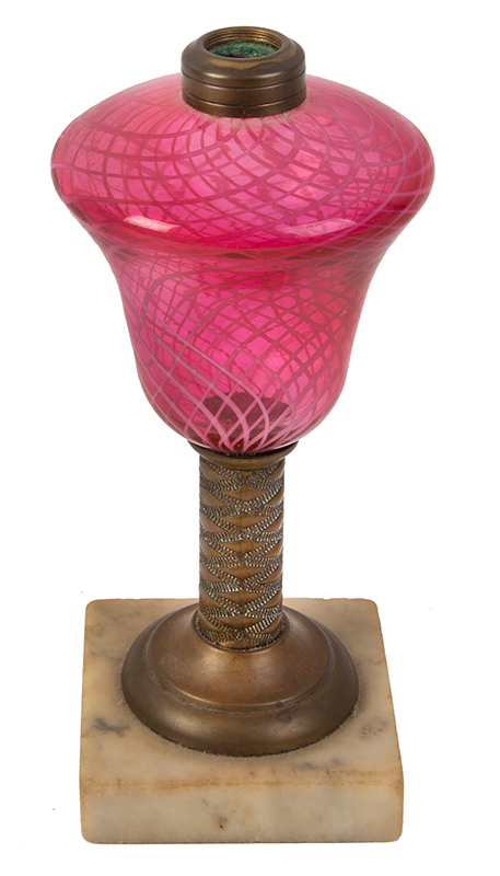 New England Glass Co., Kerosene Lamp, Cranberry & White Latticinio, Marble Base, Punched Brass Stem, entire view 2
