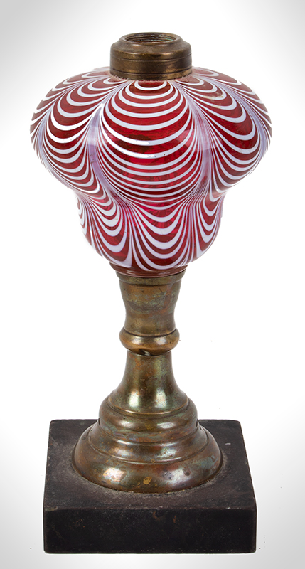 New England Glass Co., Kerosene Lamp, Cranberry to Light Ruby, White Marbrie, entire view 1