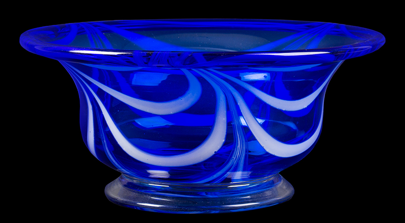 Free Blown Footed Bowl, Cased Cobalt Marbrie Decoration, Folded Rim, Applied Clear Foot American, entire view