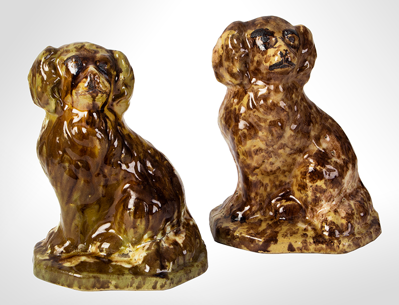 Pair of Molded Stoneware Seated Spaniels on Basses, Bristol Glaze, entire view 1