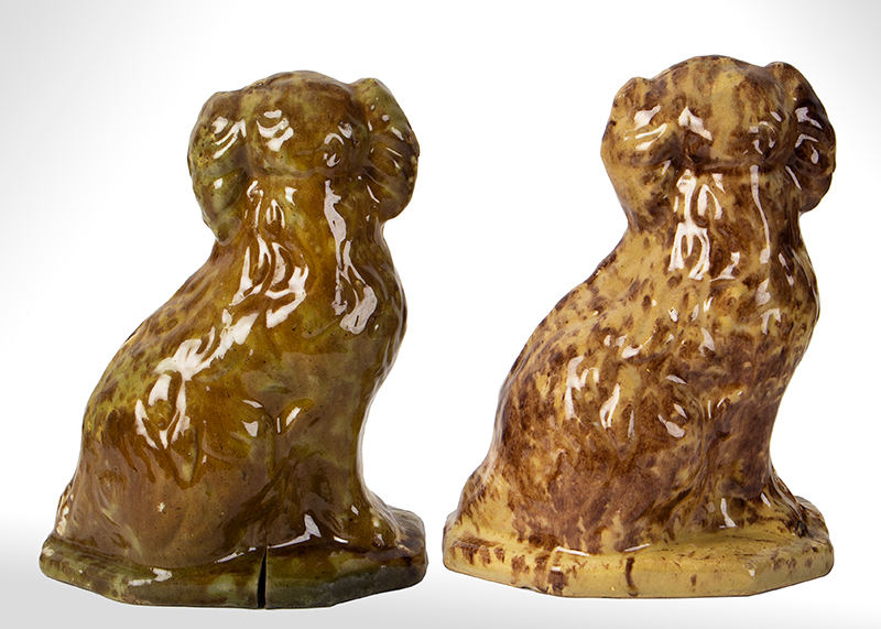 Pair of Molded Stoneware Seated Spaniels on Basses, Bristol Glaze, entire view 2