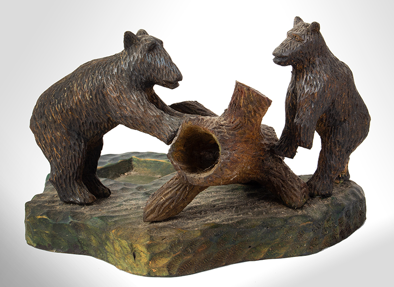 Carved and Painted Bears at Log on Grassy Base, Quebec Impressed: Armand T. Bouchard / Roxton Falls, entire view 1