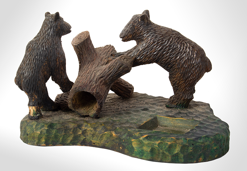 Carved and Painted Bears at Log on Grassy Base, Quebec Impressed: Armand T. Bouchard / Roxton Falls, entire view 2