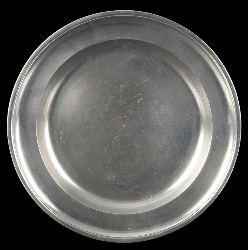 Hamblin, Pewter Platter, 13.5-Inches. This 13 1/2'' platter was made either by Samuel Hamlin Sr. 1767-1801 or by his son Samuel E. Hamlin, Jr. 1801-1856., entire view