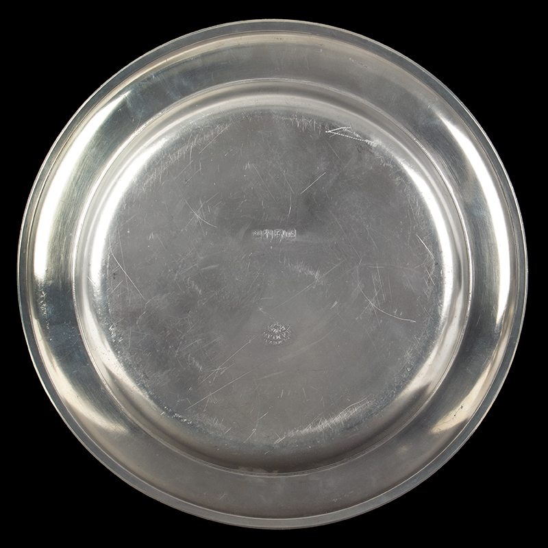 Hamblin, Pewter Platter, 13.5-Inches. This 13 1/2'' platter was made either by Samuel Hamlin Sr. 1767-1801 or by his son Samuel E. Hamlin, Jr. 1801-1856., entire view 2