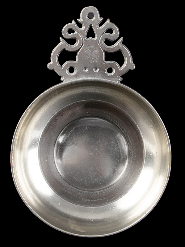 Pewter (New York) Porringer by Samuel Danforth, Hartford, Old English Handle This 5'' Old English Handle Porringer is made in a Mold that Bassett apparently left in Hartford after he returned to NYC., entire view