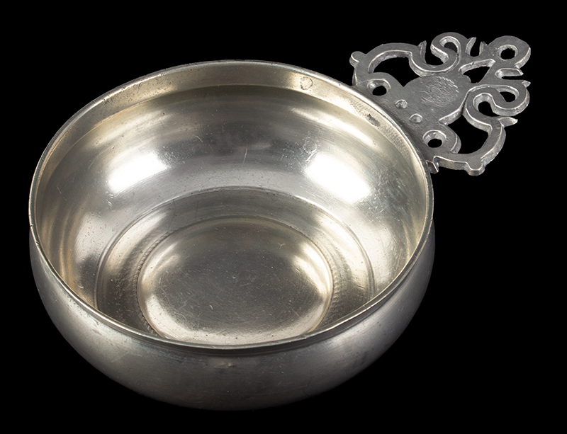 Pewter (New York) Porringer by Samuel Danforth, Hartford, Old English Handle This 5'' Old English Handle Porringer is made in a Mold that Bassett apparently left in Hartford after he returned to NYC., entire view 2