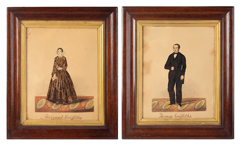 Nineteenth Century Full Length Watercolor Portraits, Man and Woman, Image 1