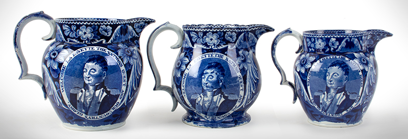 Staffordshire Historic Dark Blue Transferware Pitchers, Welcome Lafayette The Nations Guest and Our Country’s Glory, lot view