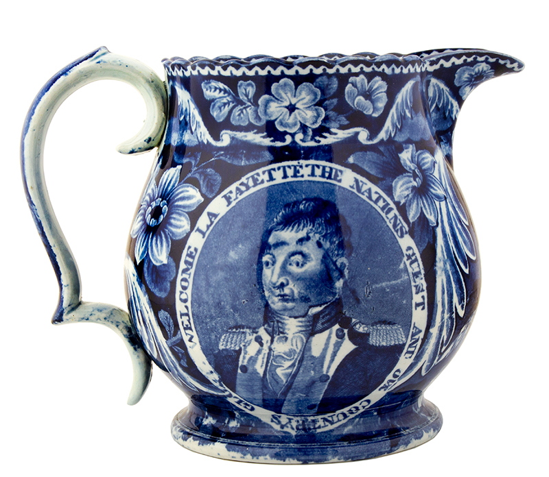 Staffordshire Historic Dark Blue Transferware Pitchers, Welcome Lafayette The Nations Guest and Our Country’s Glory, entire view 1