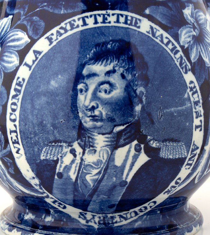 Staffordshire Historic Dark Blue Transferware Pitchers, Welcome Lafayette The Nations Guest and Our Country’s Glory, detail view 1