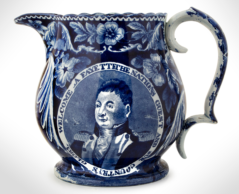 Staffordshire Historic Dark Blue Transferware Pitchers, Welcome Lafayette The Nations Guest and Our Country’s Glory, entire view 3