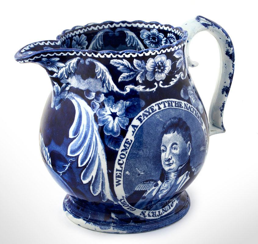 Staffordshire Historic Dark Blue Transferware Pitchers, Welcome Lafayette The Nations Guest and Our Country’s Glory, entire view 4