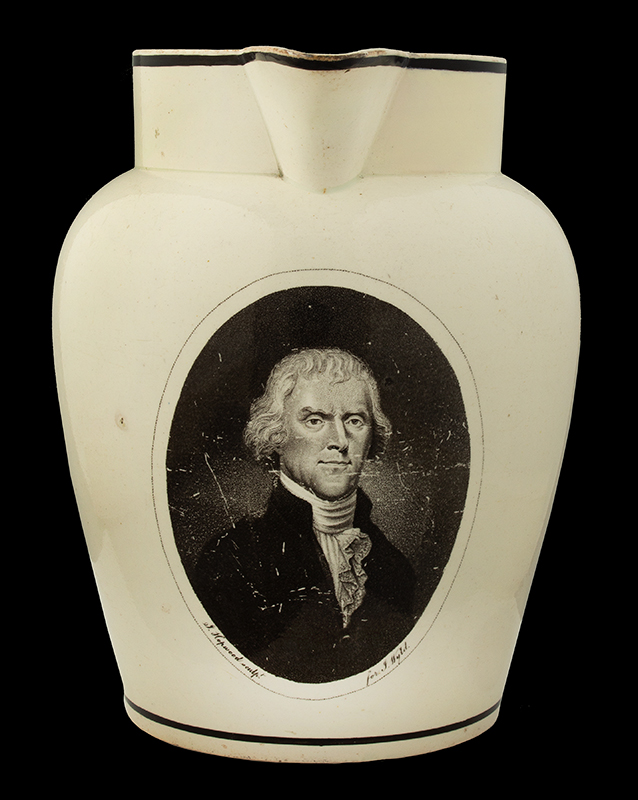 Liverpool Jug, Creamware Pitcher Printed in Black, President Thomas Jefferson  Extremely Rare, one extant when Arman wrote “the” book, one other now known in private collection., entire view