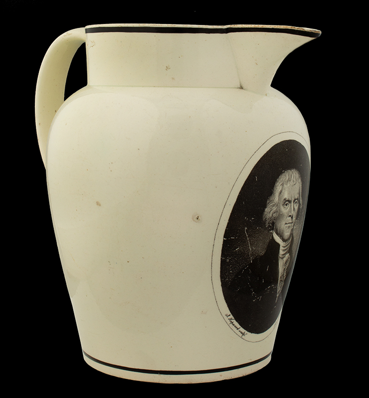 Liverpool Jug, Creamware Pitcher Printed in Black, President Thomas Jefferson Extremely Rare, one extant when Arman wrote “the” book, one other now known in private collection., entire view 2