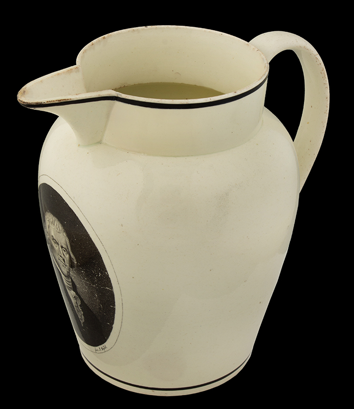 Liverpool Jug, Creamware Pitcher Printed in Black, President Thomas Jefferson Extremely Rare, one extant when Arman wrote “the” book, one other now known in private collection., entire view 3