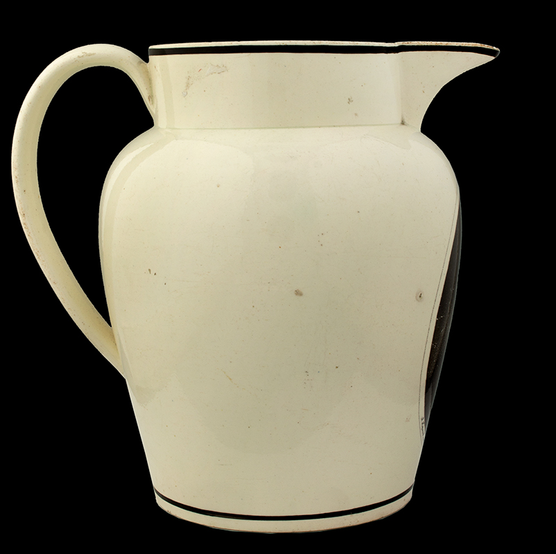 Liverpool Jug, Creamware Pitcher Printed in Black, President Thomas Jefferson Extremely Rare, one extant when Arman wrote “the” book, one other now known in private collection., entire view 4