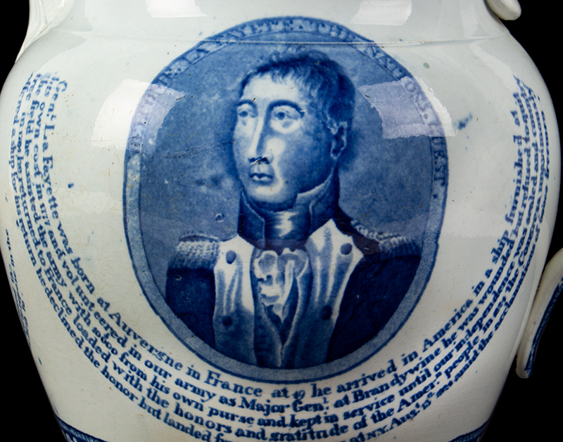 Staffordshire Medium Blue Transferware, Welcome Lafayette – Nations Guest, detail view