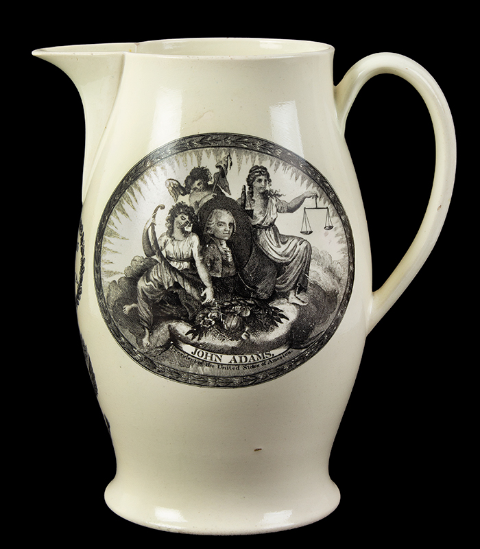 Liverpool Jug, Creamware Pitcher Printed in Black, John Adams President of the United States of America, entire view