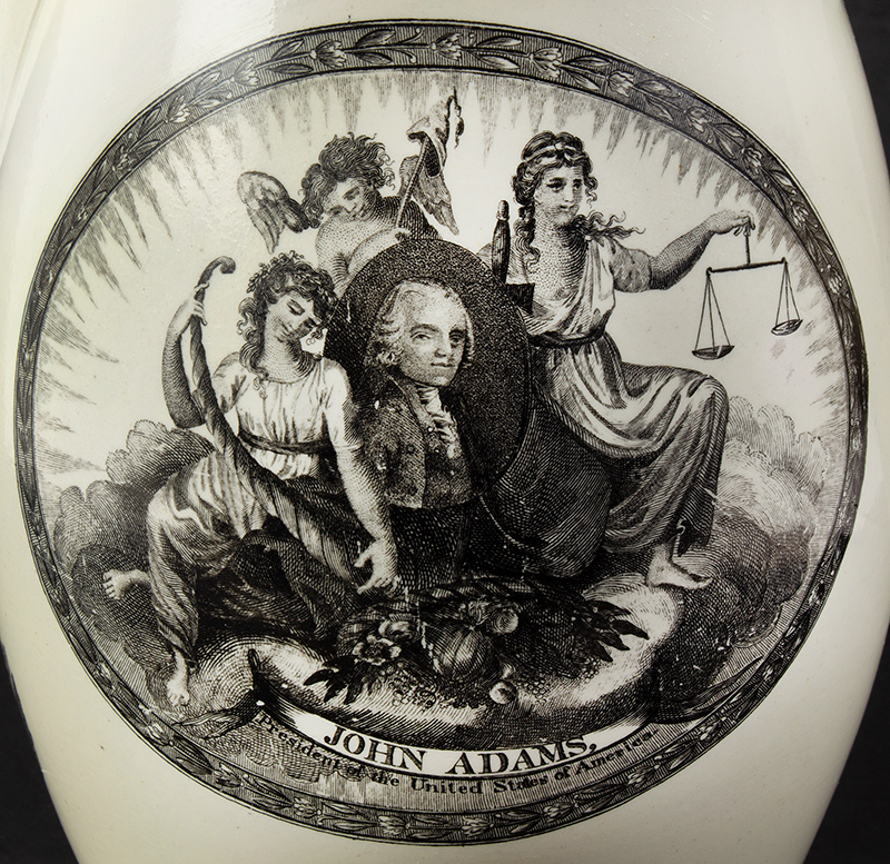 Liverpool Jug, Creamware Pitcher Printed in Black, John Adams President of the United States of America, detail view 1