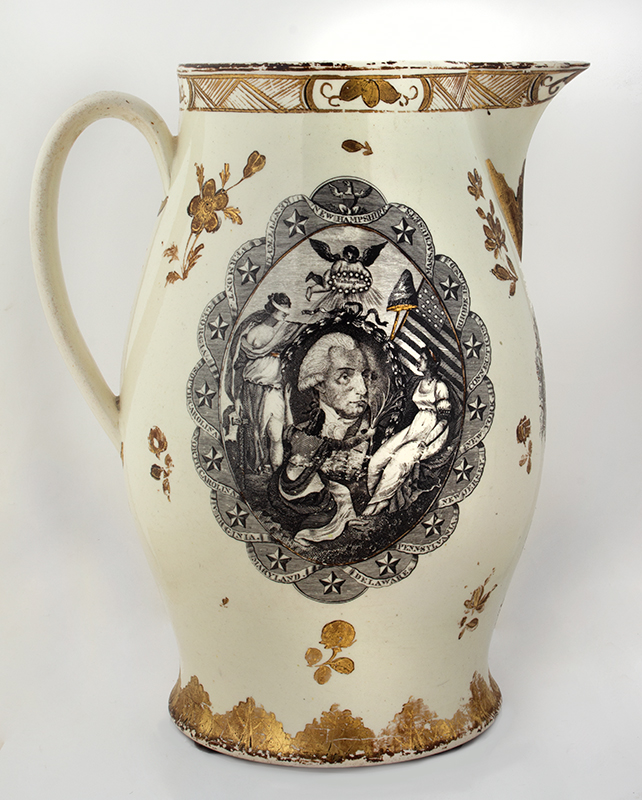 Creamware Jug, George Washington Within Chain of 15 States, Parcel Gilt Herculaneum, Liverpool, England, entire view