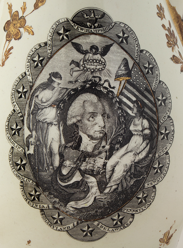 Creamware Jug, George Washington Within Chain of 15 States, Parcel Gilt Herculaneum, Liverpool, England, detail view 1