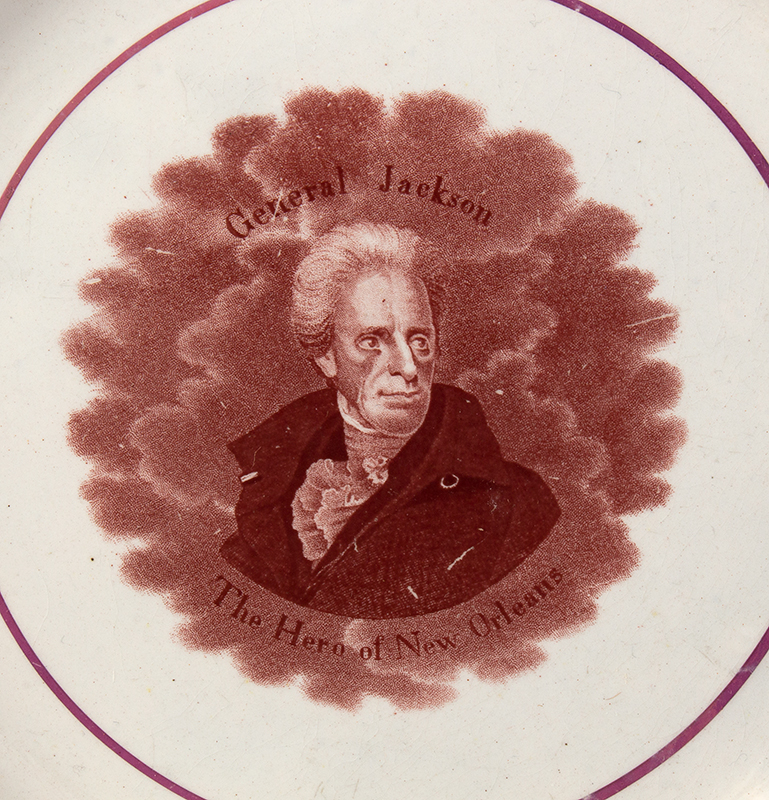Historic Transfer Printed Dish, General Jackson – The Hero of New Orleans Staffordshire…Featuring Campaign Image of Jackson, Probably Enoch Wood & Sons, detail view