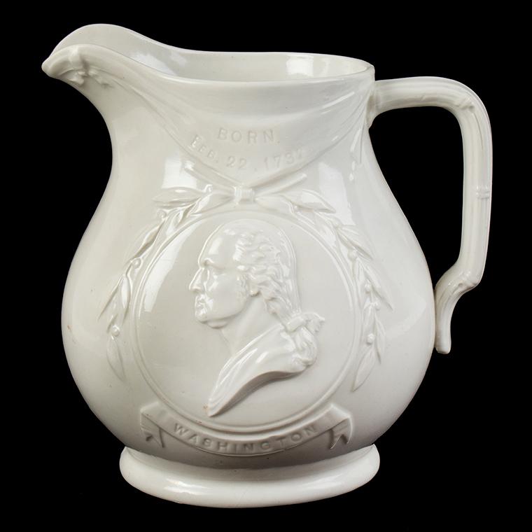 Stoneware Pitcher, Portrait of Washington & Crossed Flags, Molded in Relief , Image 1