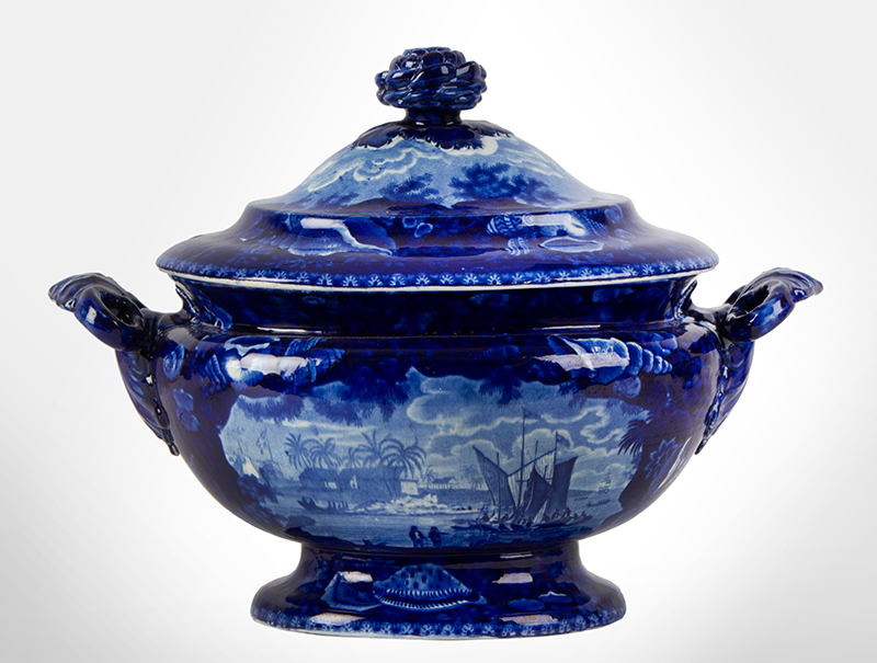 Staffordshire Transferware, Historical Blue, Dix Cove Africa, Soup Tureen By Enoch Wood & Sons, Burslem, England, entire view