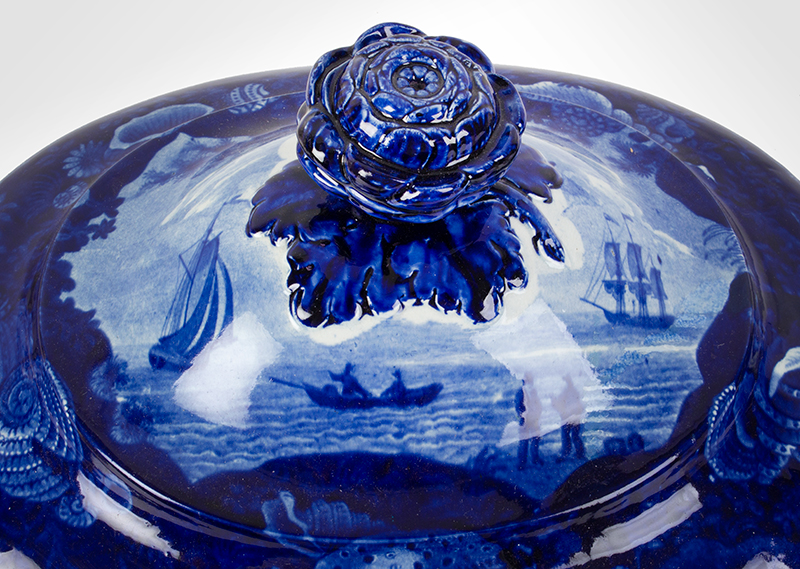 Staffordshire Transferware, Historical Blue, Dix Cove Africa, Soup Tureen By Enoch Wood & Sons, Burslem, England, detail view