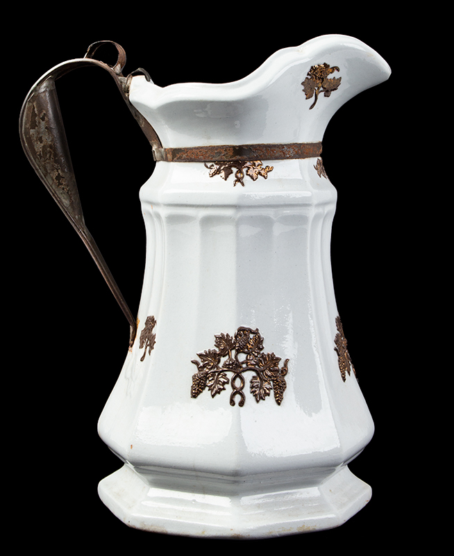 Ironstone Make-do Molded Pitcher, Sheet Iron Handle, Molded Grape Octagon Base with Mark of Distributor: IRONSTONE CHINA / JOHN FARRALL, entire view