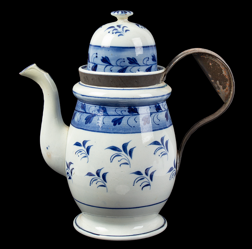 Pearlware Make-do Coffeepot, Dome Top, Tinned Sheet Iron Scroll Handle, entire view 2
