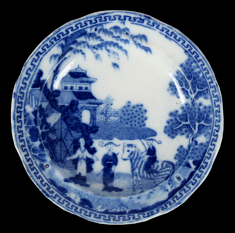 Staffordshire Cup Plate, Medium Blue Printed Transferware, Zebra Pattern Possibly by John Rogers and Son, entire view