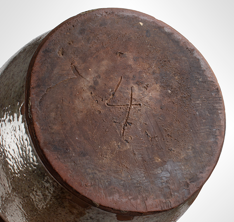 Redware Jar, Original Lid, Base and Underside of Lid Marked, Yarmouth Maine Underside of lid and base inscribed with numeral 4, bottom view