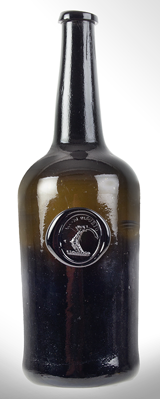 18th Century Sealed Black Glass Wine Bottle, George Bickford, Non Dubio, Devon, entire view 1