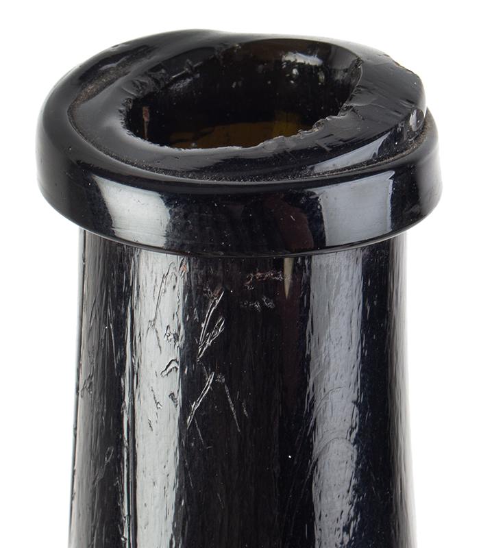 18th Century Sealed Black Glass Wine Bottle, George Bickford, Non Dubio, Devon, spout